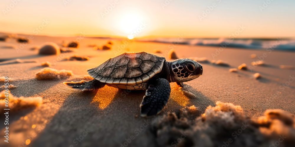 A baby sea turtle is crawling on the beach at sunset.