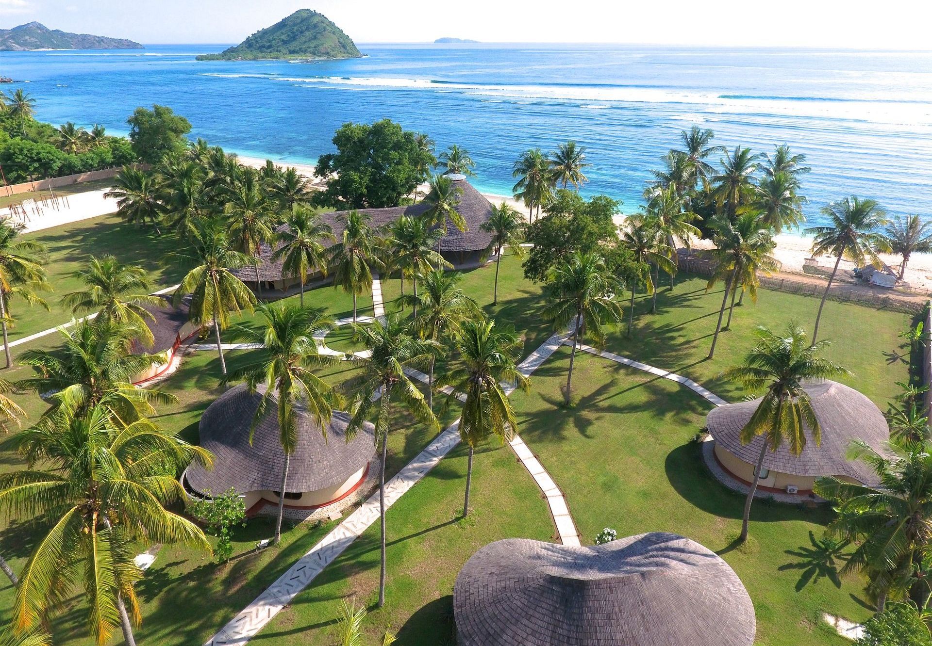 An aerial view of a tropical resort with thatched huts and palm trees