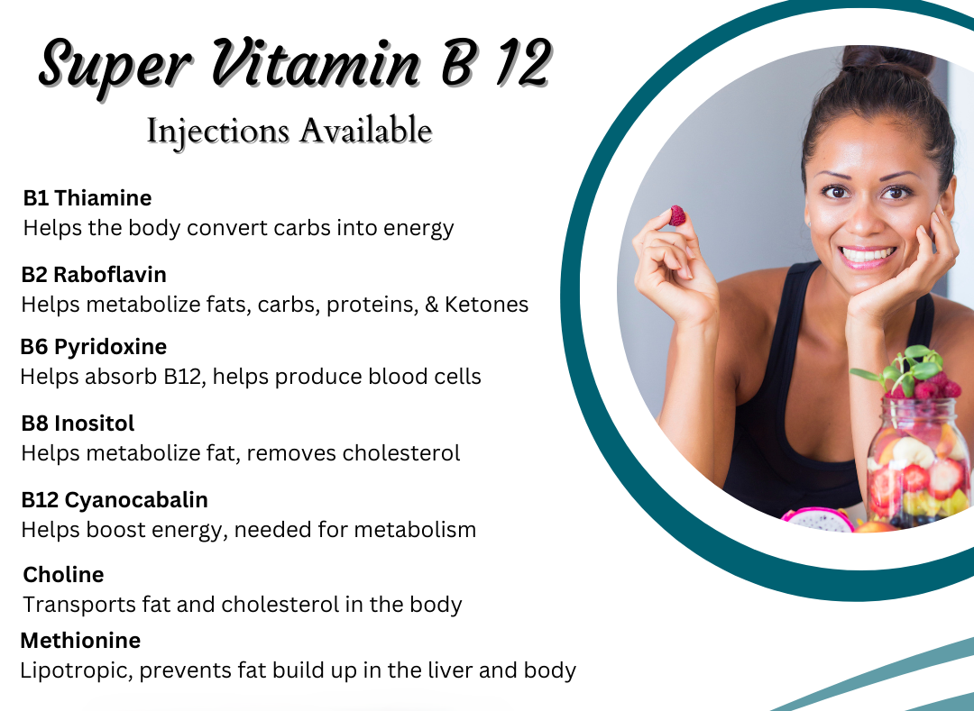 Vitamin B 12 shots an advertisement for super vitamin b12 injections available