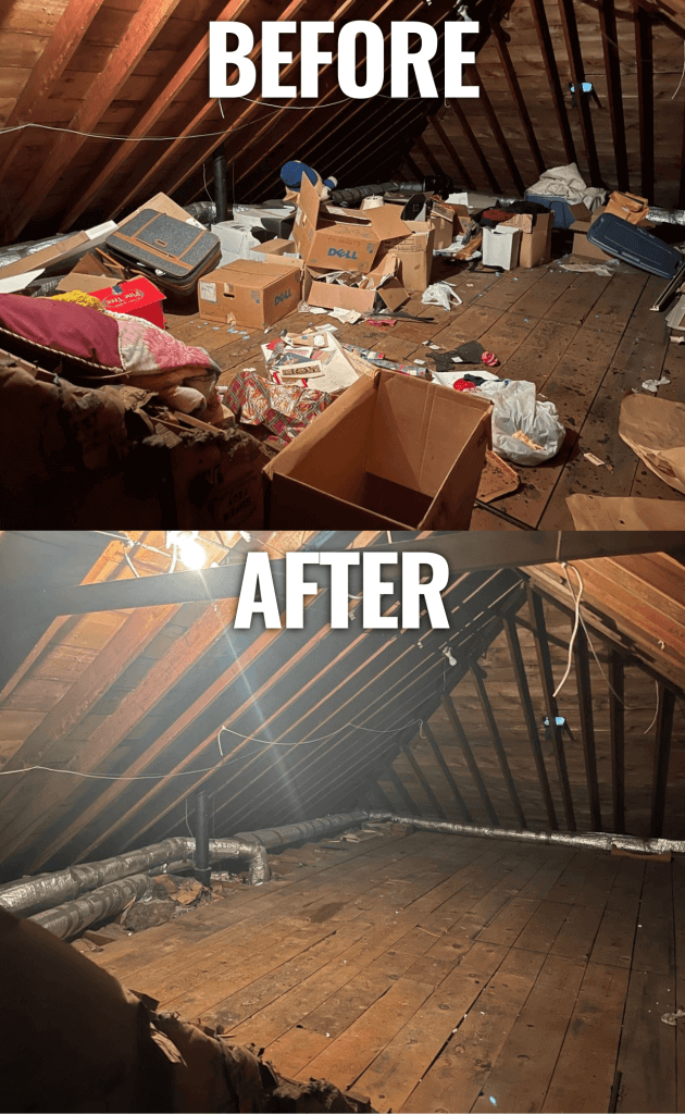 A split-screen comparison of an attic: the top shows clutter and cardboard boxes, the bottom shows a clean, empty space.