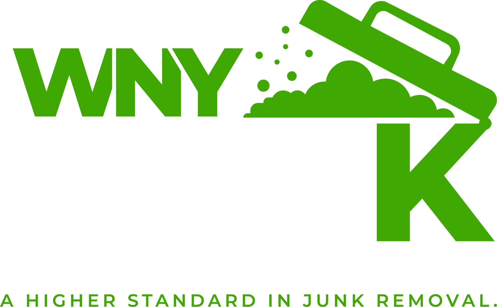 WNY Junk Removal & Cleanout Services Green WNY Junk logo featuring a dumpster lid and junk pile forming a K. Tagline: A HIGHER STANDARD IN JUNK REMOVAL.