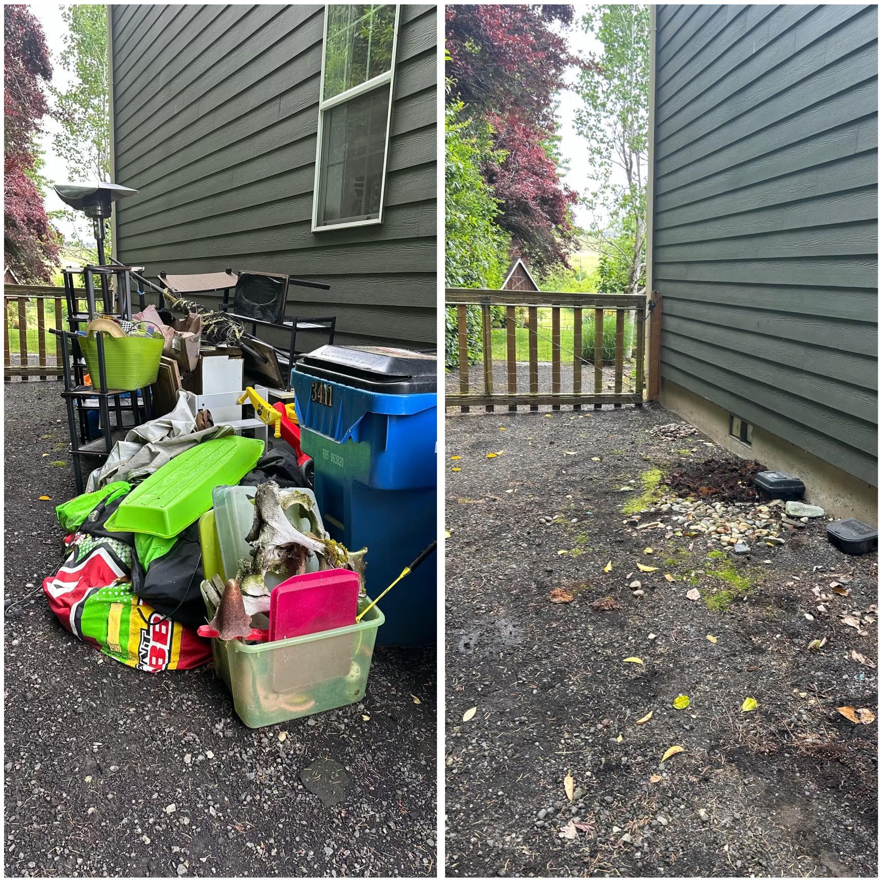 Before-and-after view of a side yard: one side is cluttered with toys and bins, while the other is cleared and tidy.