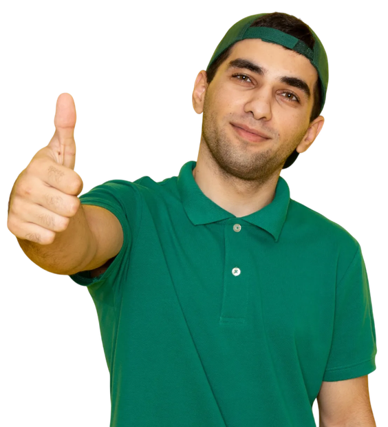 A person in a green polo shirt and cap gives a thumbs-up against a white background.