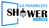 EA Frameless Shower Doors logo with blue door outline and black shower text.