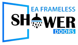 EA Frameless Shower Doors logo with blue door outline and black shower text.