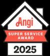 Angi Super Service Award 2025 badge with red ribbon and black-and-white house icon