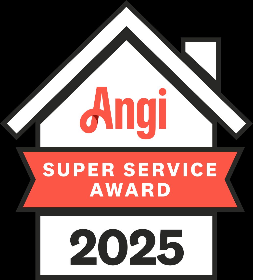 Angi Super Service Award 2025 badge with red ribbon and black-and-white house icon