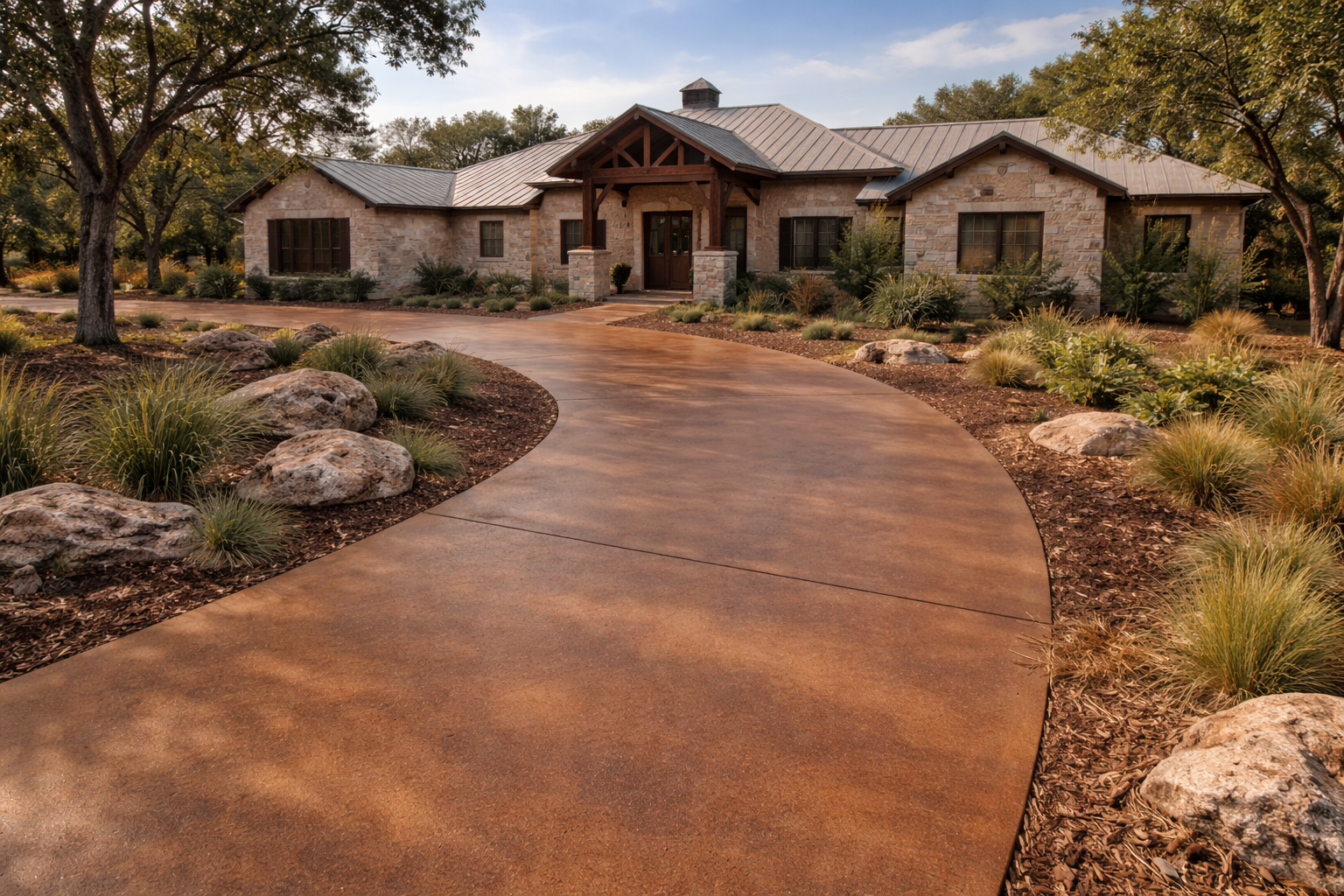 Curved concrete driveway leading to a stone house with desert landscaping and trees at dusk