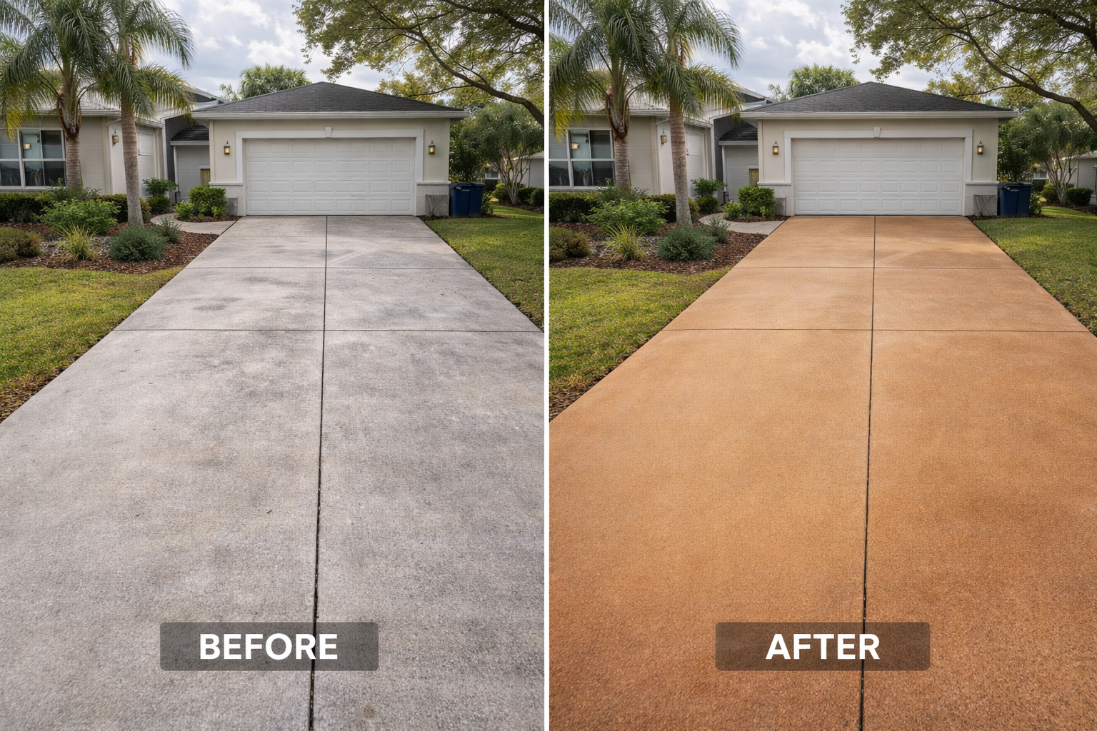 Before-and-after view of a driveway changed from gray concrete to orange resurfacing, with a garage and palm trees.