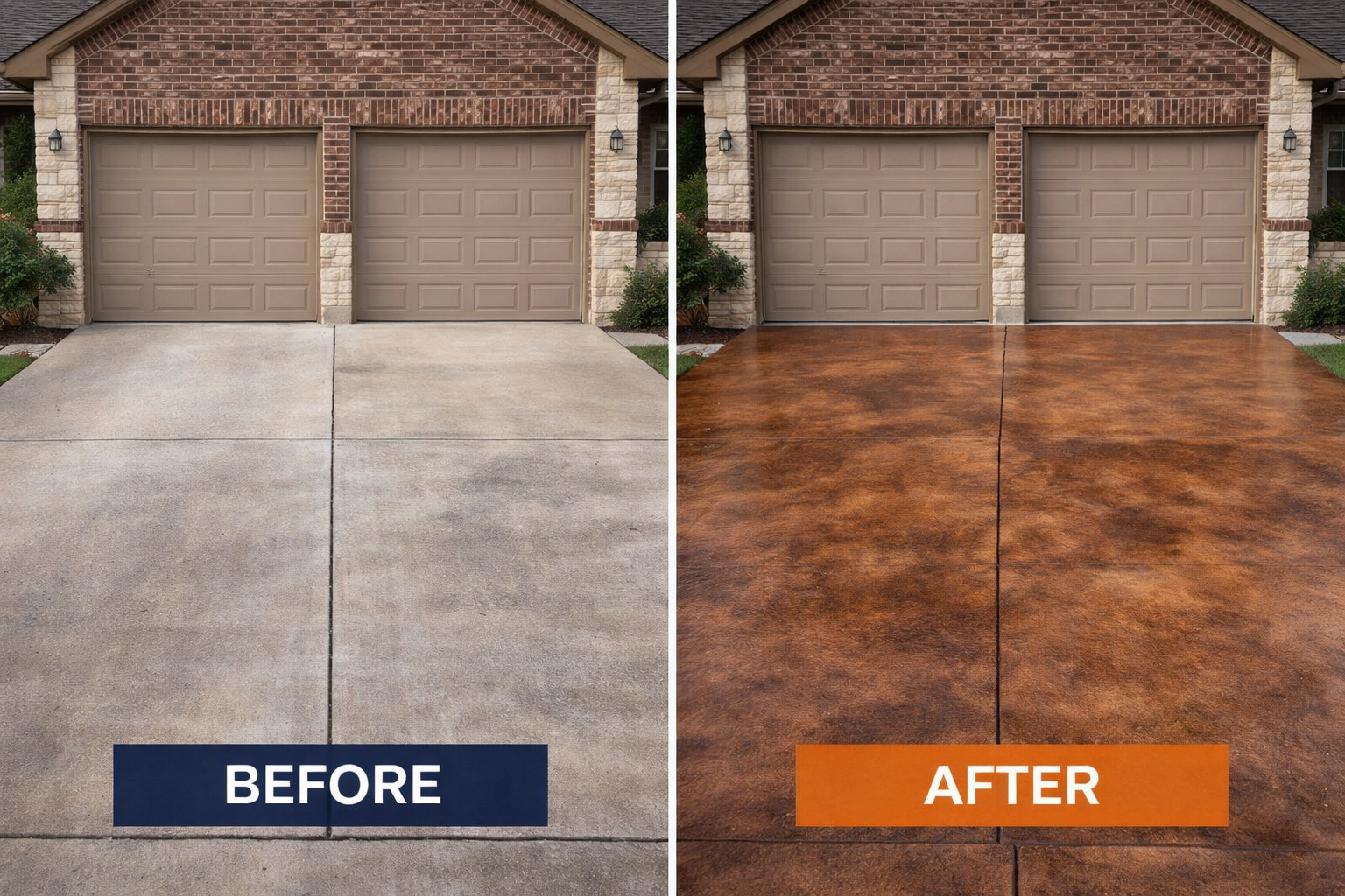 Split-view driveway before-and-after: gray concrete vs stained brown surface in front of a garage.