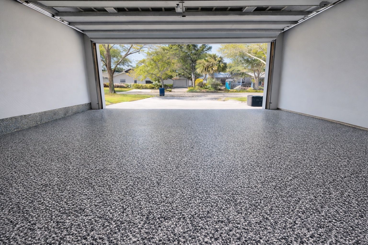 Empty garage with speckled epoxy floor, open door, and a view of a sunny suburban street.