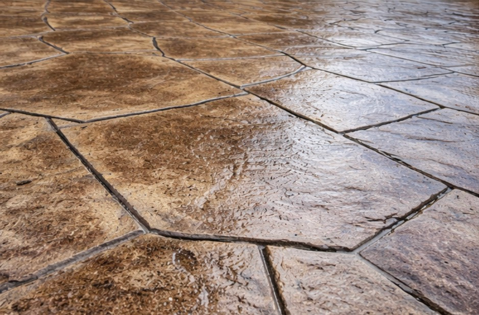 Wet stamped concrete patio with irregular stone pattern and brown-tan tones