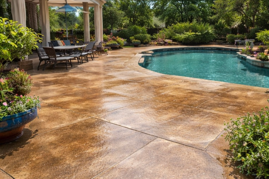 Backyard patio with a curved swimming pool, tan stamped concrete, and lush tropical landscaping
