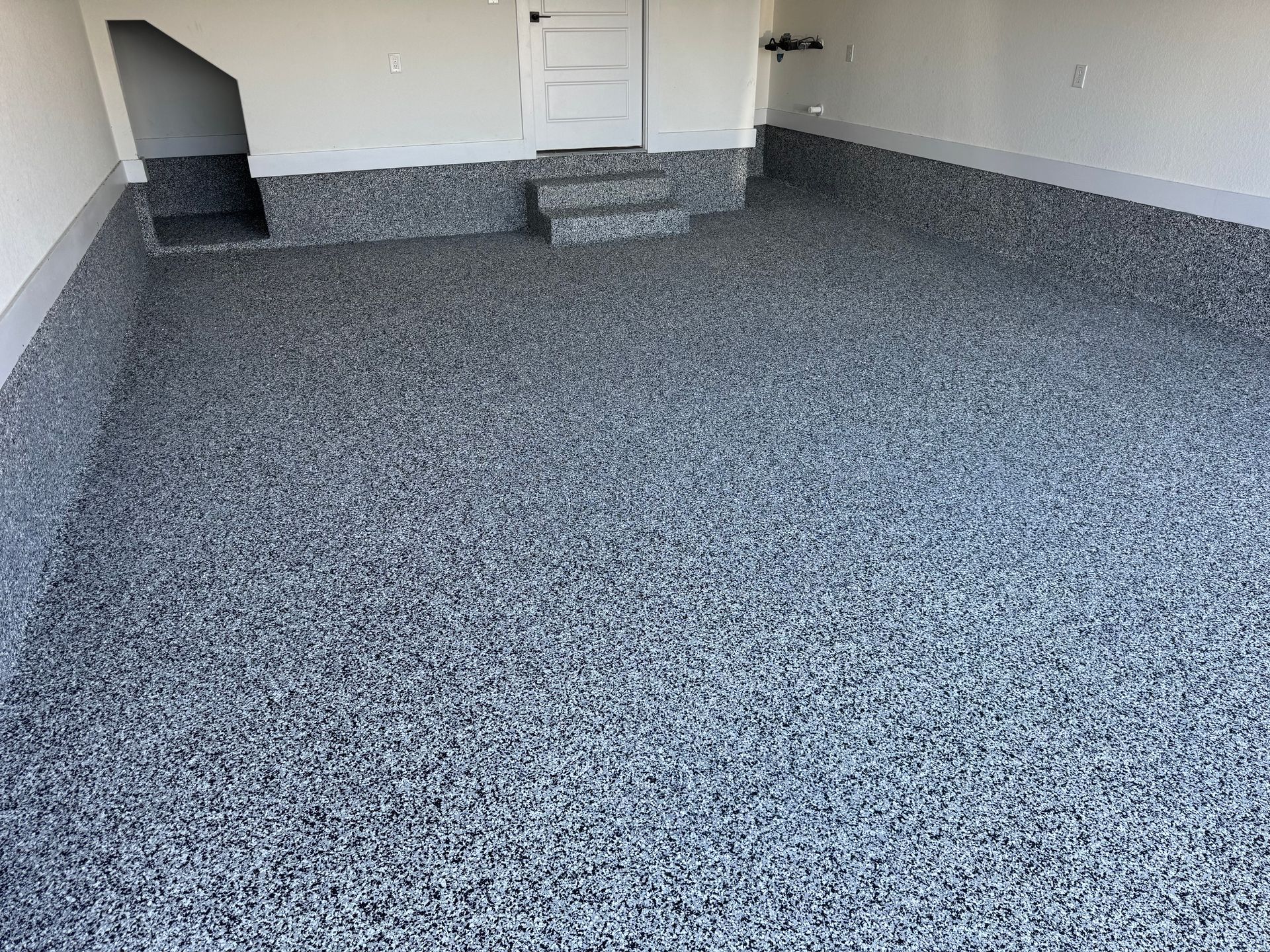 Empty carpeted garage with a white door and steps at the back.