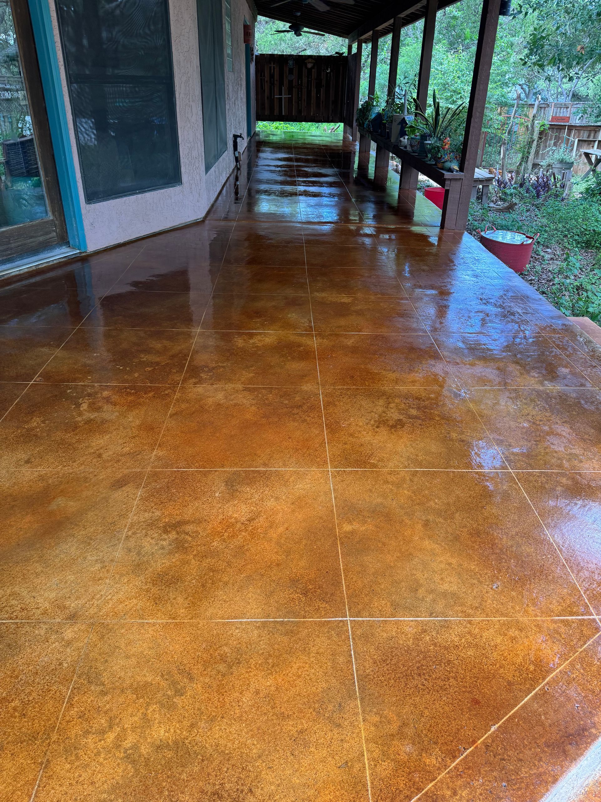 Wet brown concrete porch beside a house, with a covered walkway and greenery along the edge.