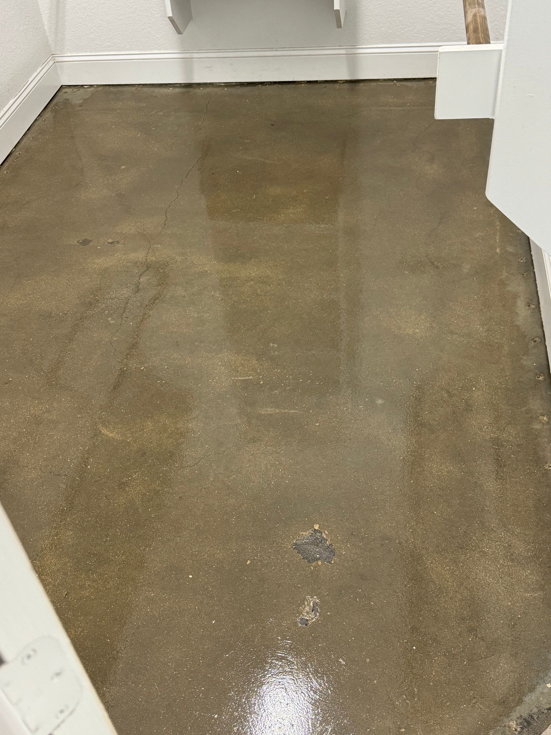 Wet brown floor in a hallway with a small drain and white walls.