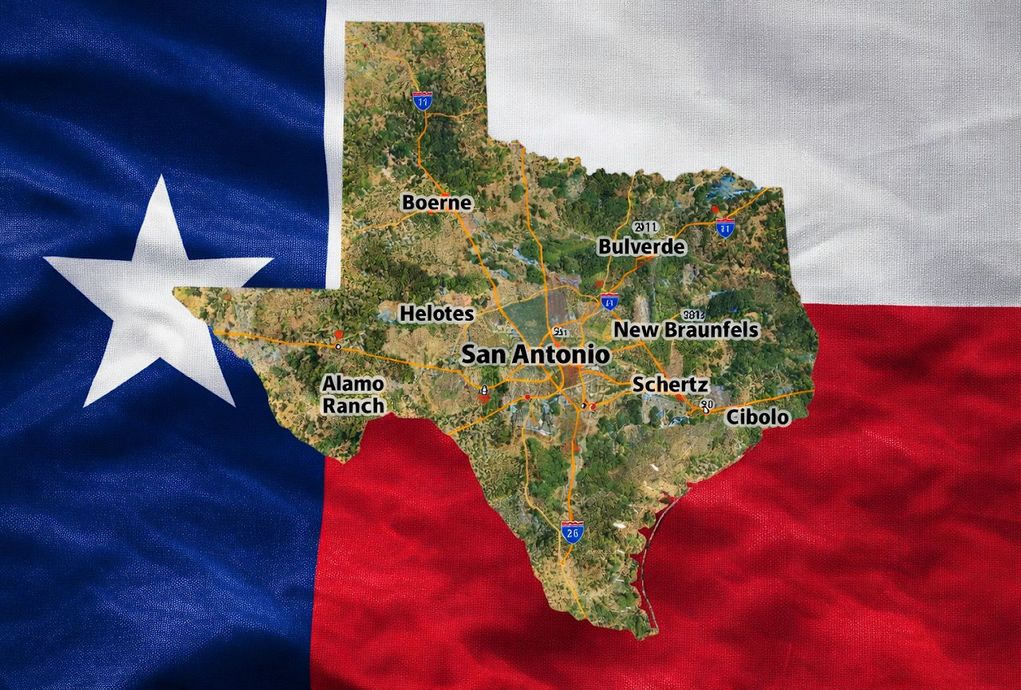 Texas state map overlaid on the Texas flag with city labels like Houston, Dallas, and San Antonio