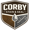 Corby Stain & Seal logo with wood grain, shield shape, and droplet icon in brown, cream, and gray