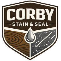 Corby Stain & Seal logo with wood grain, shield shape, and droplet icon in brown, cream, and gray