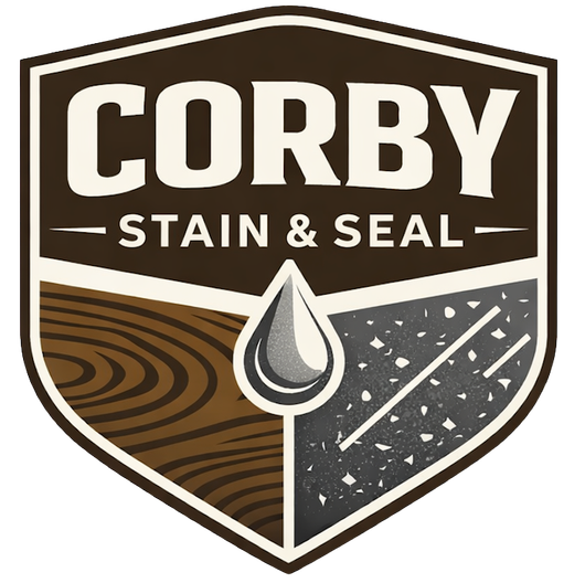 Corby Stain & Seal logo with wood grain, shield shape, and droplet icon in brown, cream, and gray