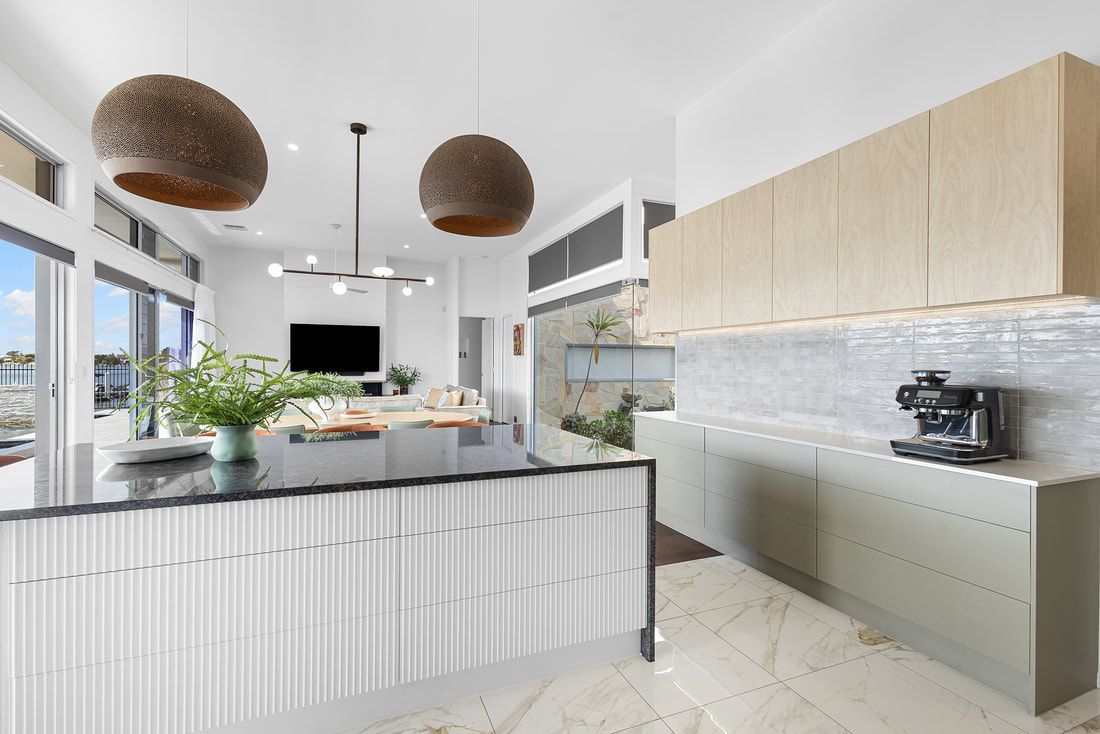 Modern Kitchen With White Ridged Island — Foreshore Kitchens in Gympie, QLD