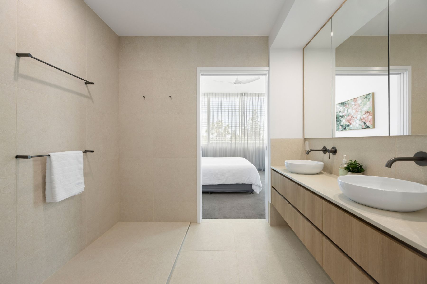 Modern Bathroom With Double Vanity, Beige Tiles — Foreshore Kitchens in Caloundra, QLD