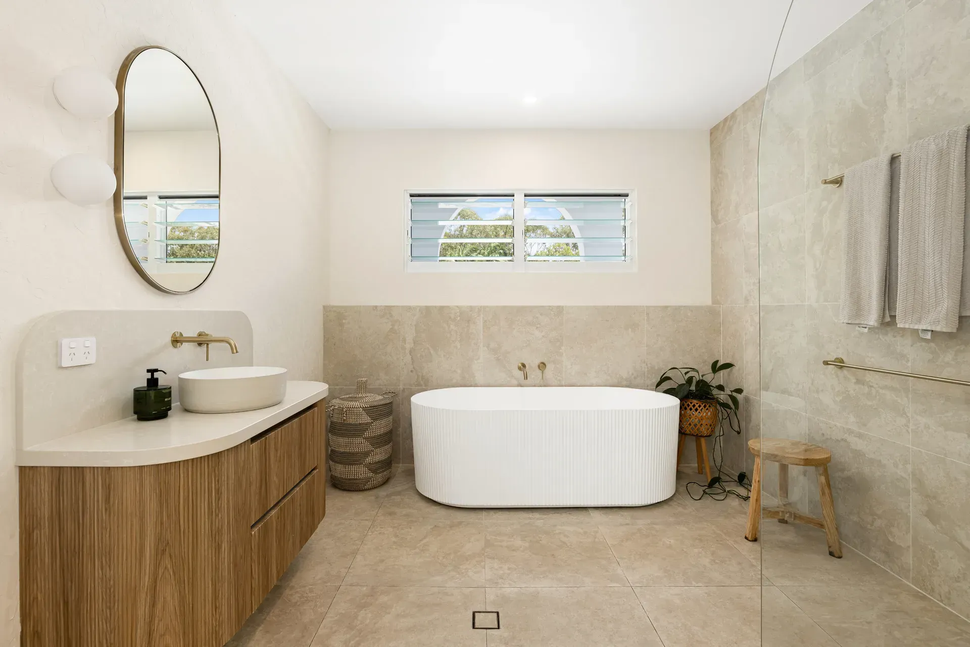 Modern Bathroom Featuring a Wooden Vanity — Foreshore Kitchens in Coolum Beach, QLD