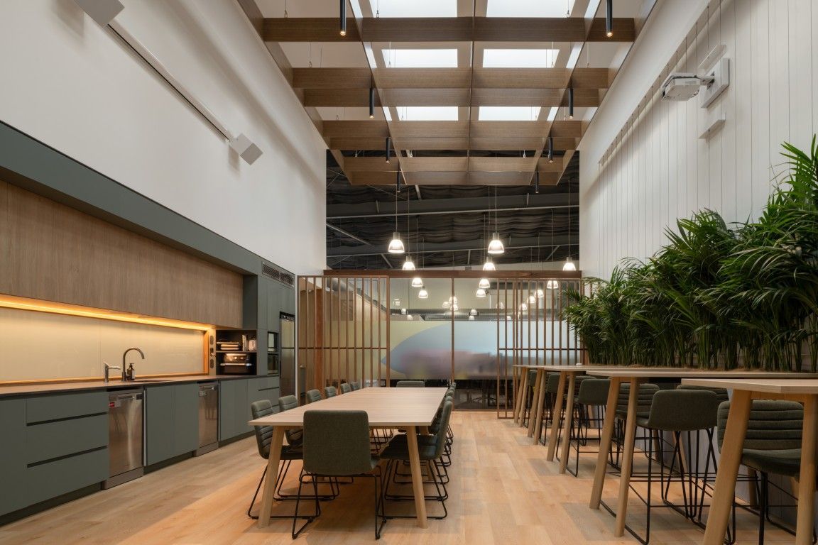 Modern Breakroom With a Sage Green Kitchen Unit — Foreshore Kitchens in Coolum Beach, QLD