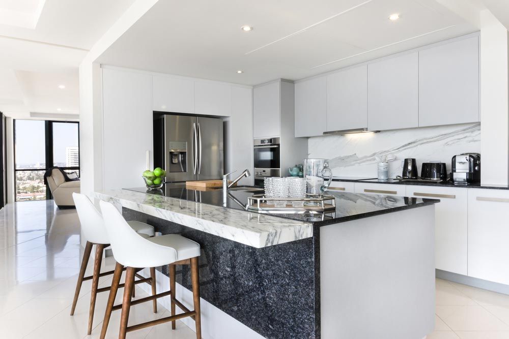 Modern White Kitchen With Island — Foreshore Kitchens in Coolum Beach, QLD