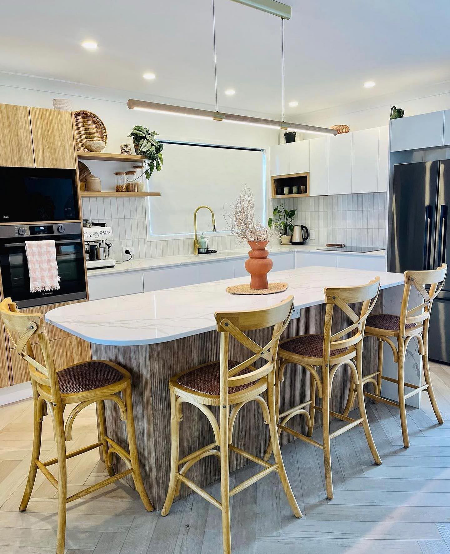 Kitchen With Light Wood Island, Bar Stools — Foreshore Kitchens in Coolum Beach, QLD