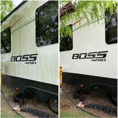 Side-by-side view of a white BOSS 4200 RV, one panel dirty and one cleaned, under trees.