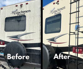 RV rear side-by-side before-and-after: dirty exterior on left, cleaned and detailed on right.