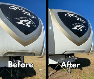 Side-by-side before and after of an RV front, showing a cleaned, brighter exterior and decals.