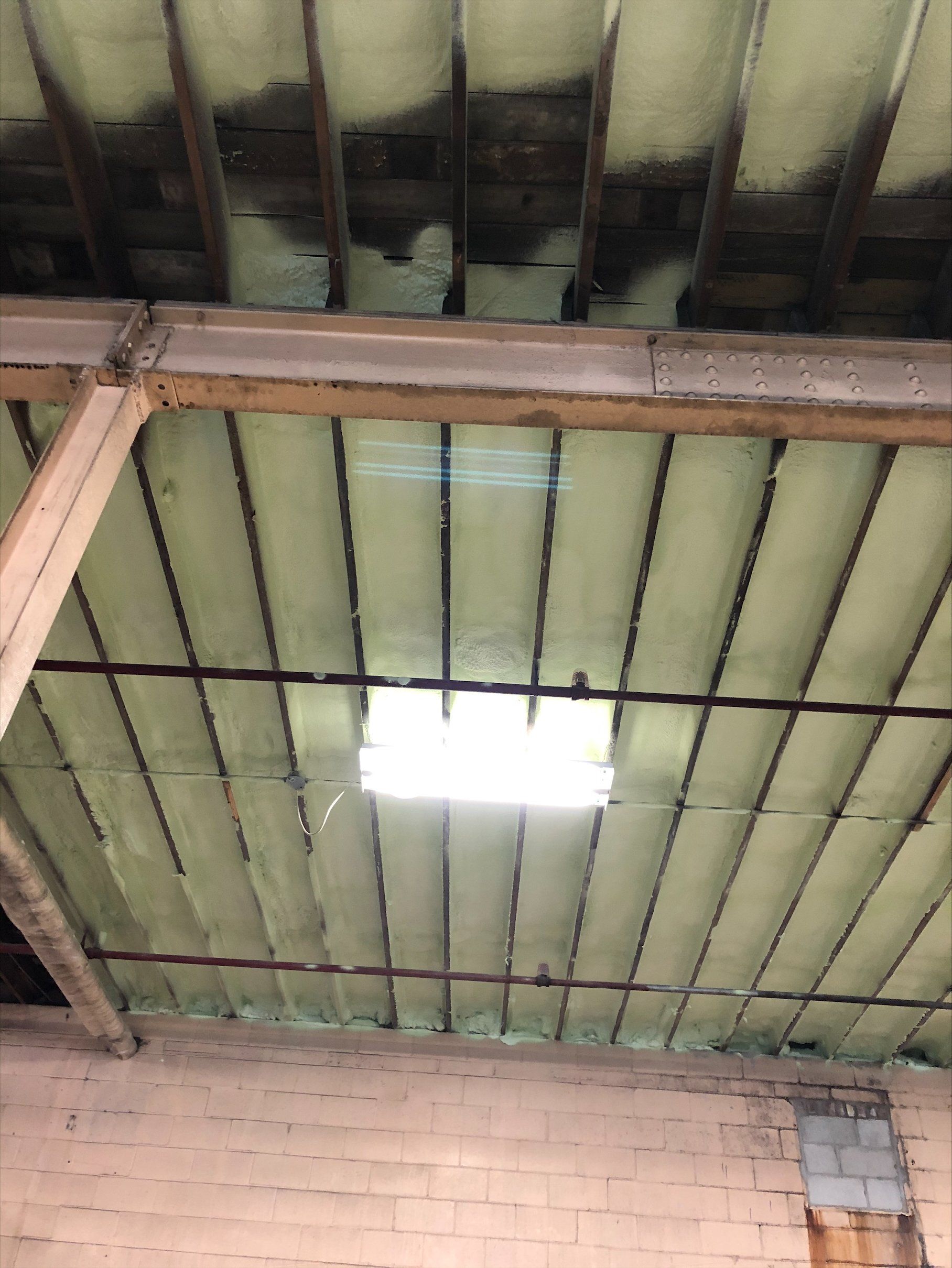 Vue d'un plafond avec une lucarne. Isolation verte entre les poutres, avec des taches sombres.
