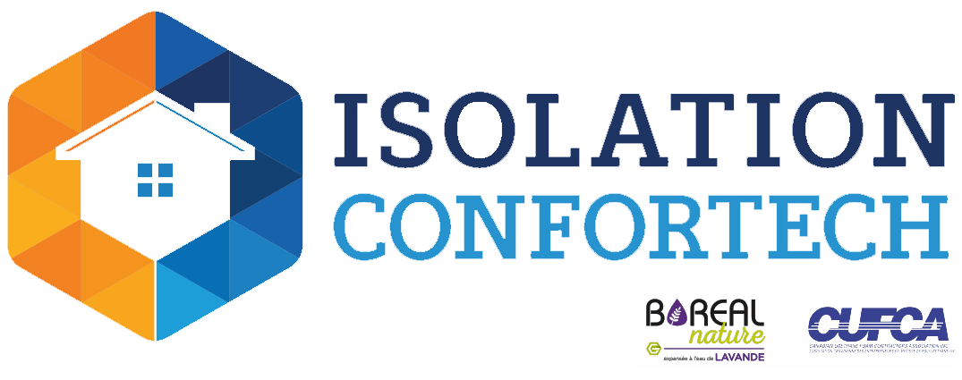 Logo pour Isolation Confortech, une maison avec un fond hexagonal en bleu et orange.