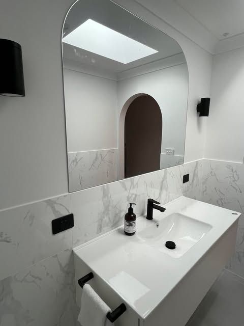 Modern Bathroom with A White Sink, Black Fixtures — Envy Glass in Nambucca Heads, NSW