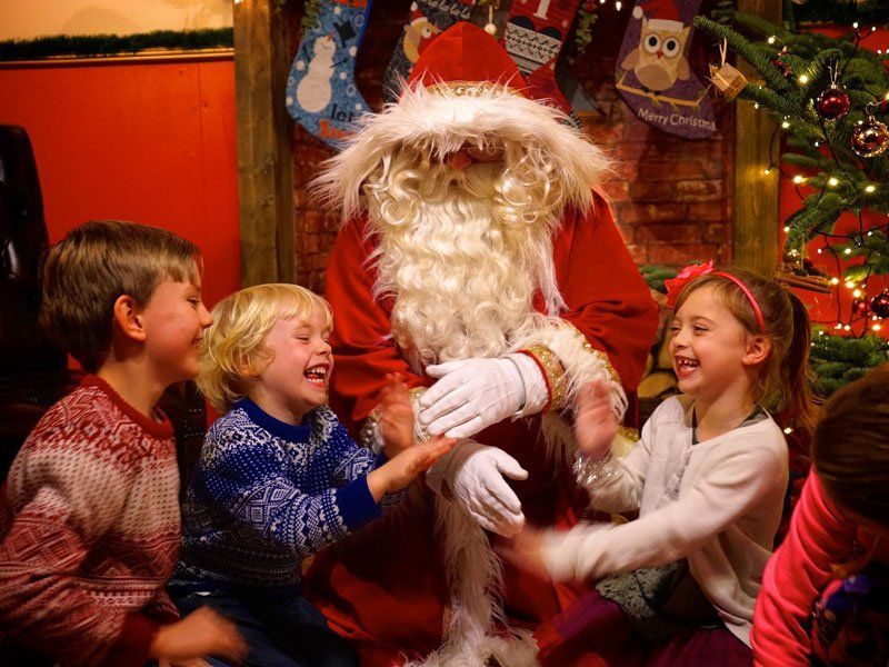 Santa Claus with excited children, laughing, in a festive setting, with a Christmas tree and stockings.