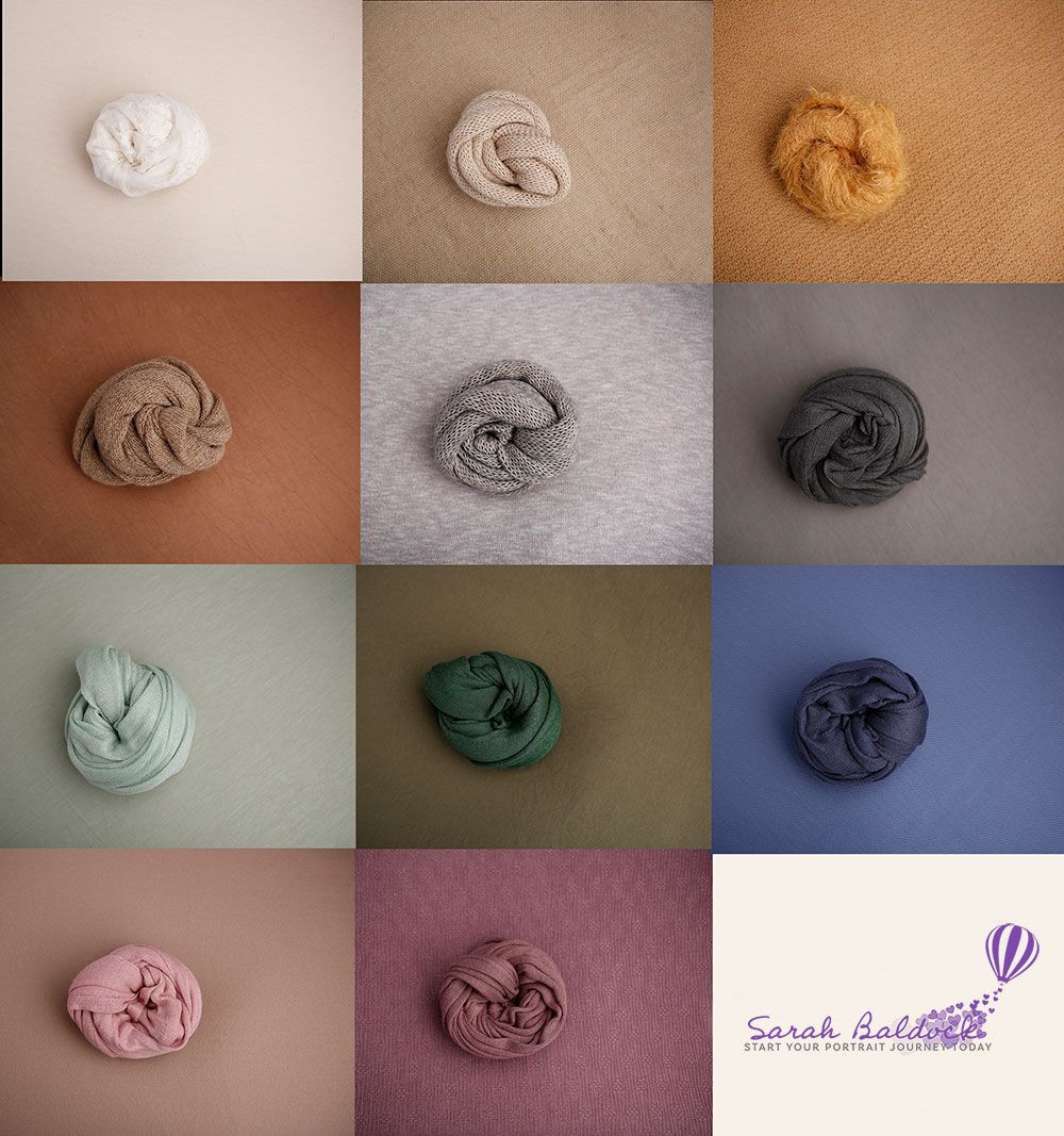 Twelve swaddled fabrics in various colors on different backgrounds.