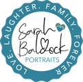 Logo for Sarah Baldock Portraits with teal accents; features text, hearts, and a scalloped border.