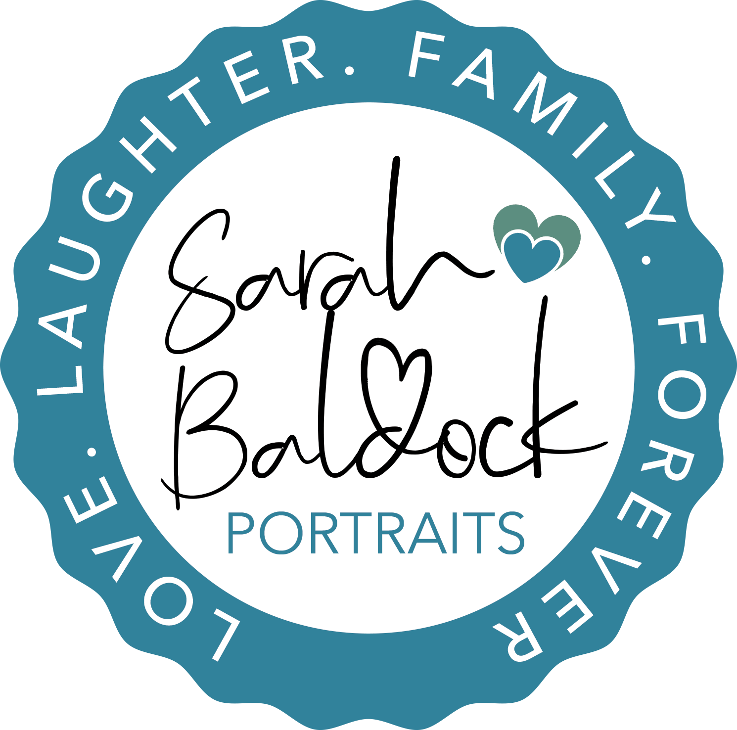 Logo for Sarah Baldock Portraits. Teal badge with white text: