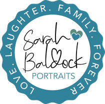 Logo for Sarah Baldock Portraits with teal accents; features text, hearts, and a scalloped border.
