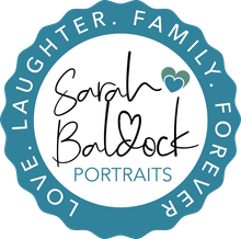 Logo for Sarah Baldock Portraits. Teal badge with white text: