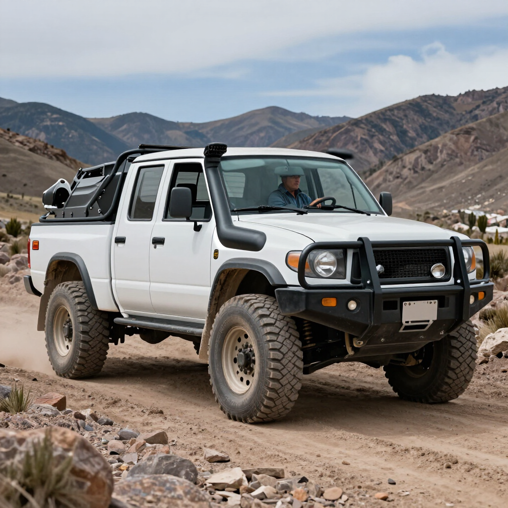 Camioneta todoterreno blanca en un camino rocoso del desierto, con montañas al fondo