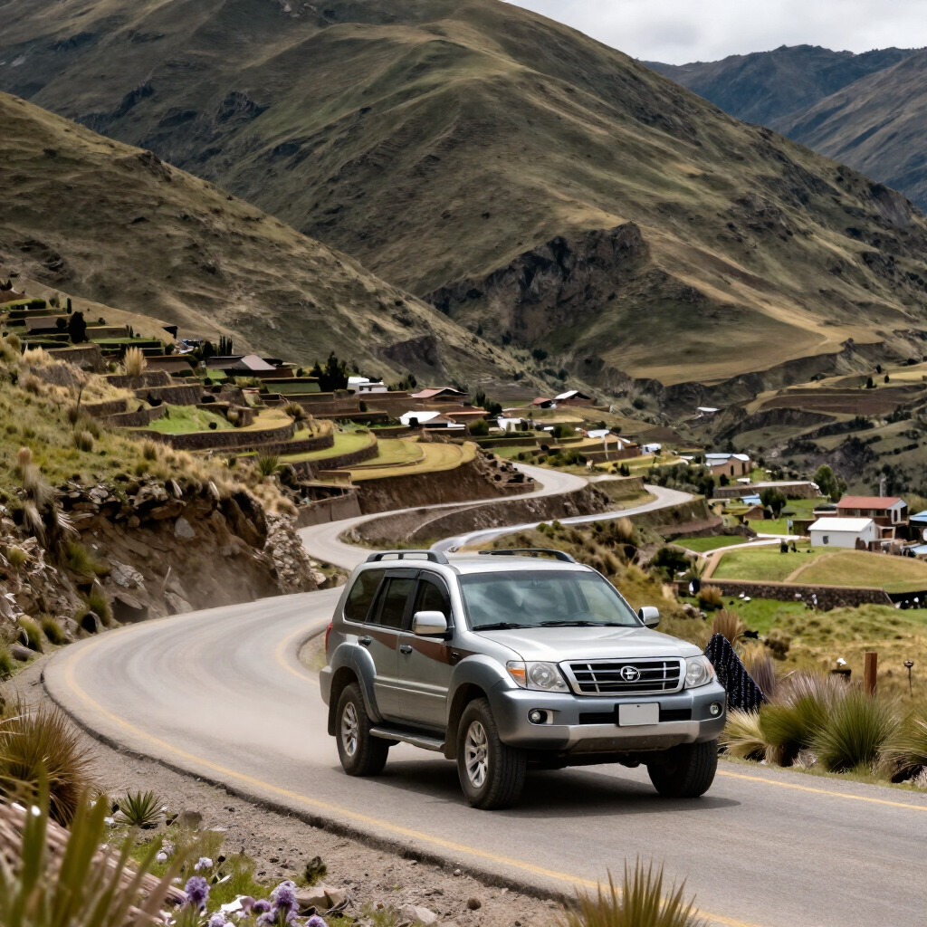 SUV plateado circulando por una carretera de montaña sinuosa que atraviesa un valle rural