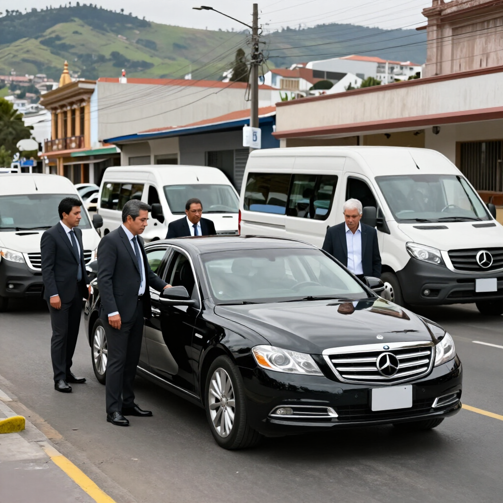 Caravana de Mercedes negras con agentes de seguridad trajeados en una calle, con furgonetas blancas detrás.