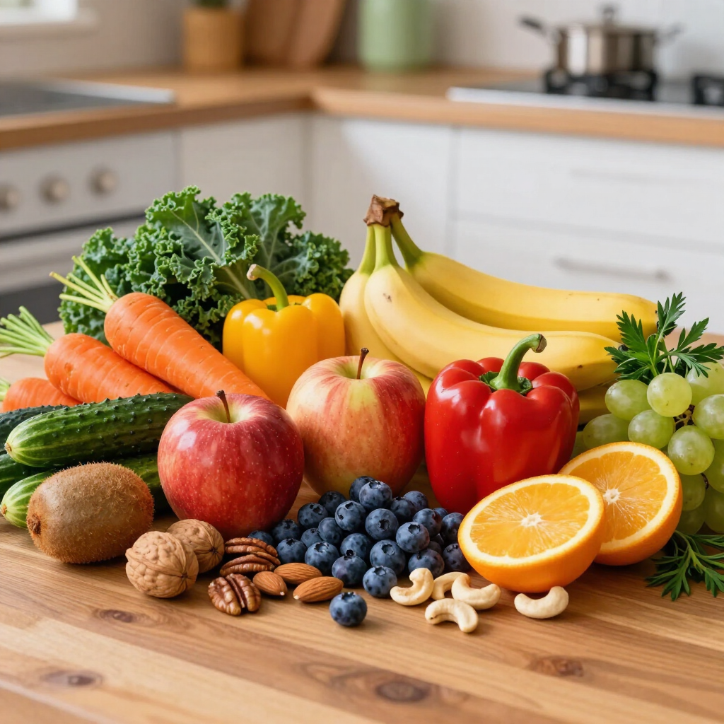 Diverse verse groenten en fruit op het aanrecht, waaronder bananen, appels, sinaasappels, wortels, druiven en bessen.
