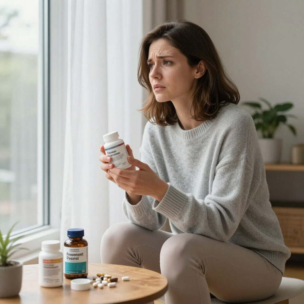 Een vrouw zit op een bank en bekijkt medicijnflesjes en pillen bij een raam, met een bezorgde blik.