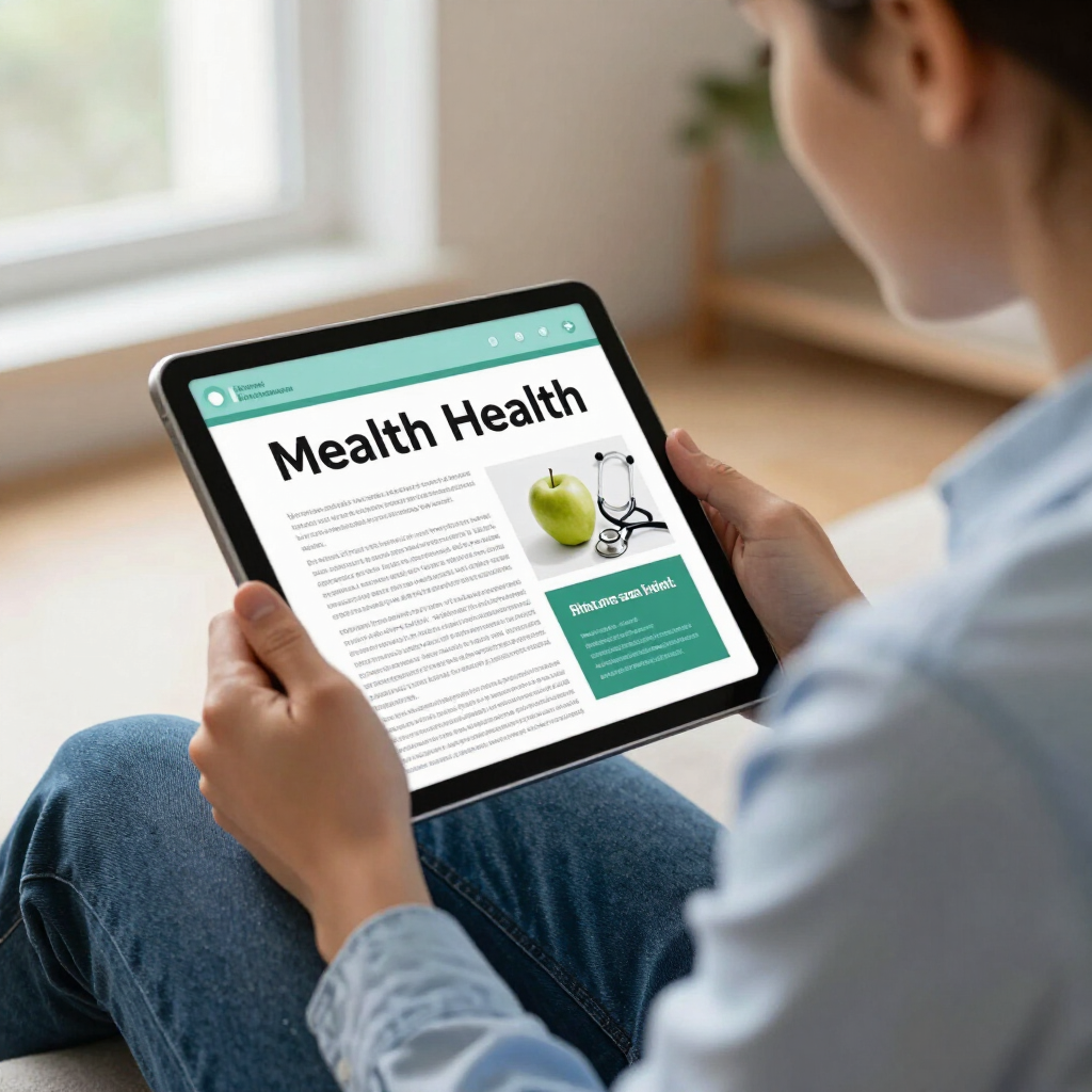 Een persoon houdt een tablet vast waarop een gezondheidsartikel staat, samen met een groene vruchtendrank, in een lichte ruimte.