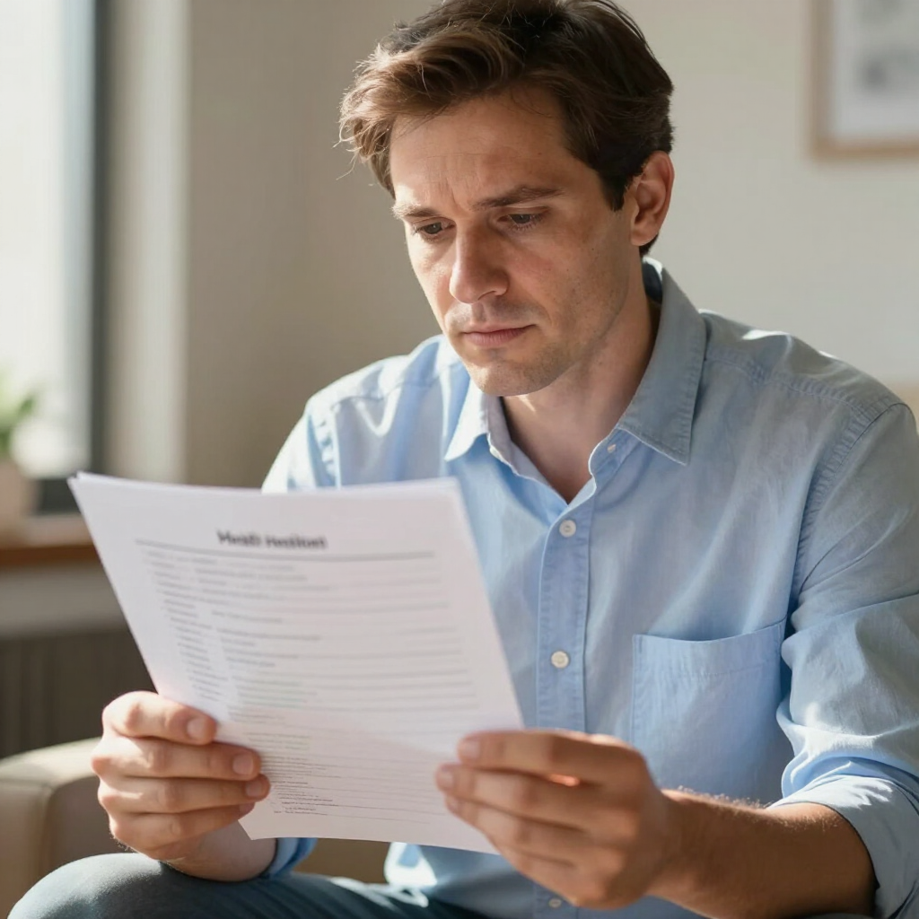Een man in een lichtblauw shirt leest geconcentreerd een document aan een tafel.