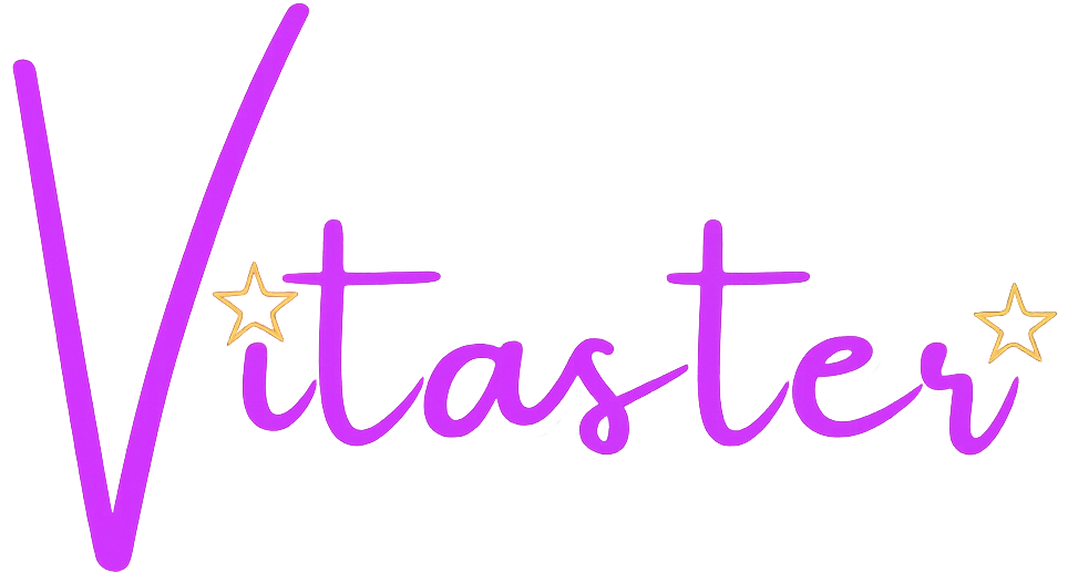 Gestileerd paars "Vitaster"-woordmerk met gouden sterren op een witte achtergrond.